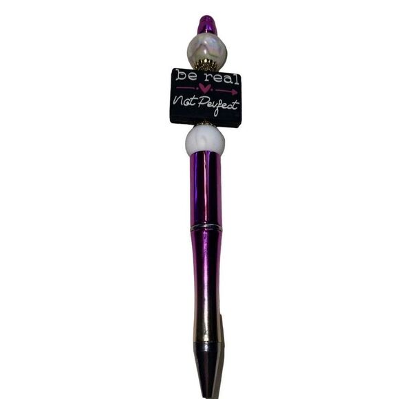 Be real, not perfect beaded pen handmade black pink white metallic bling NEW - Picture 2 of 6